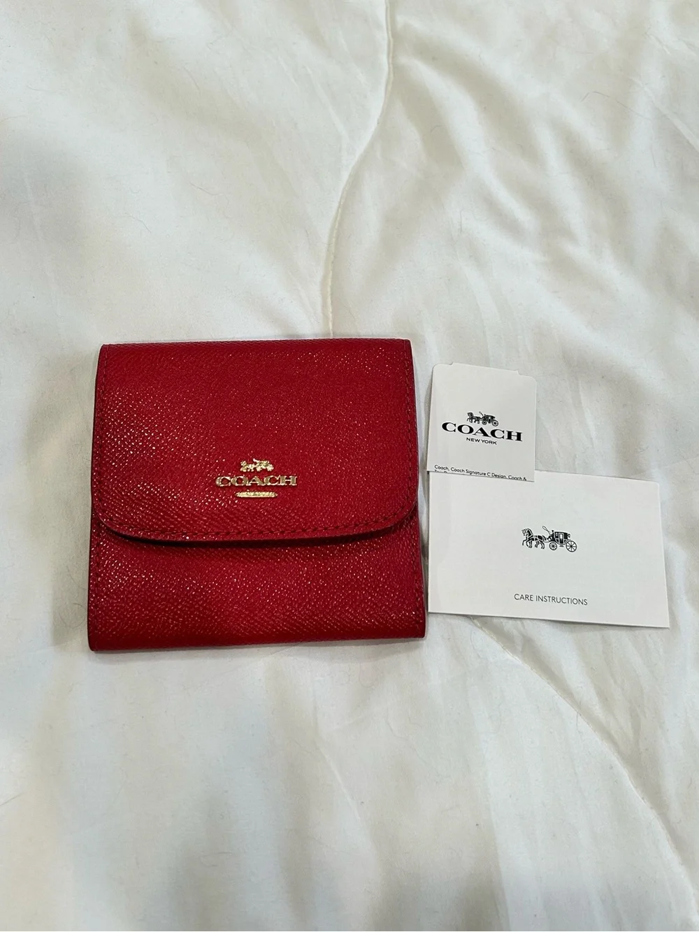 Coach Red Textured Leather Fold Wallet with Gold Logo